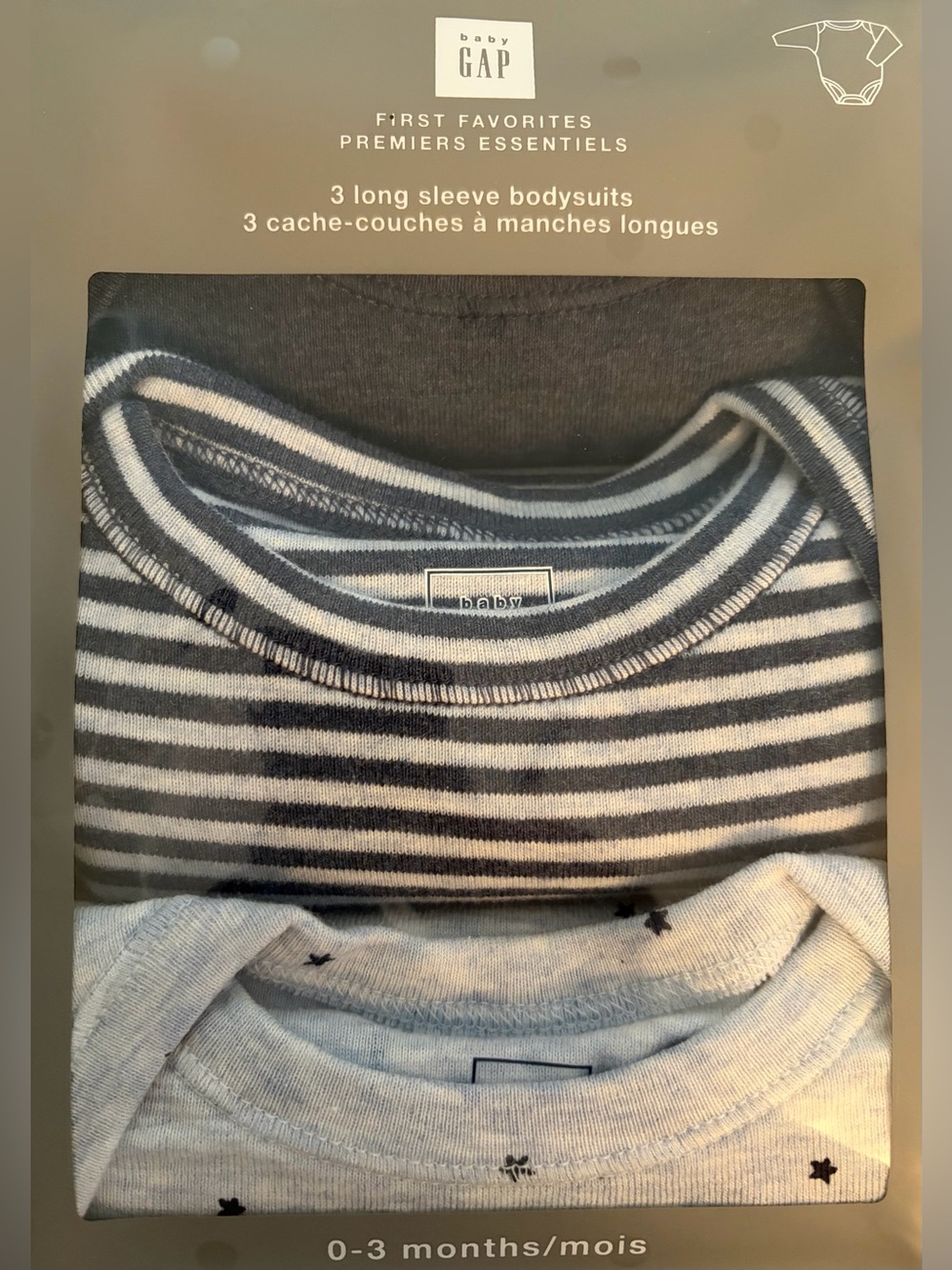 GAP-Baby First Favourite 3pk 100% cotton Long-Sleeve Bodysuits (size 0-3mth/navy
